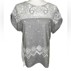 Zara Gray and White Embroidered Women's Blouse. Large